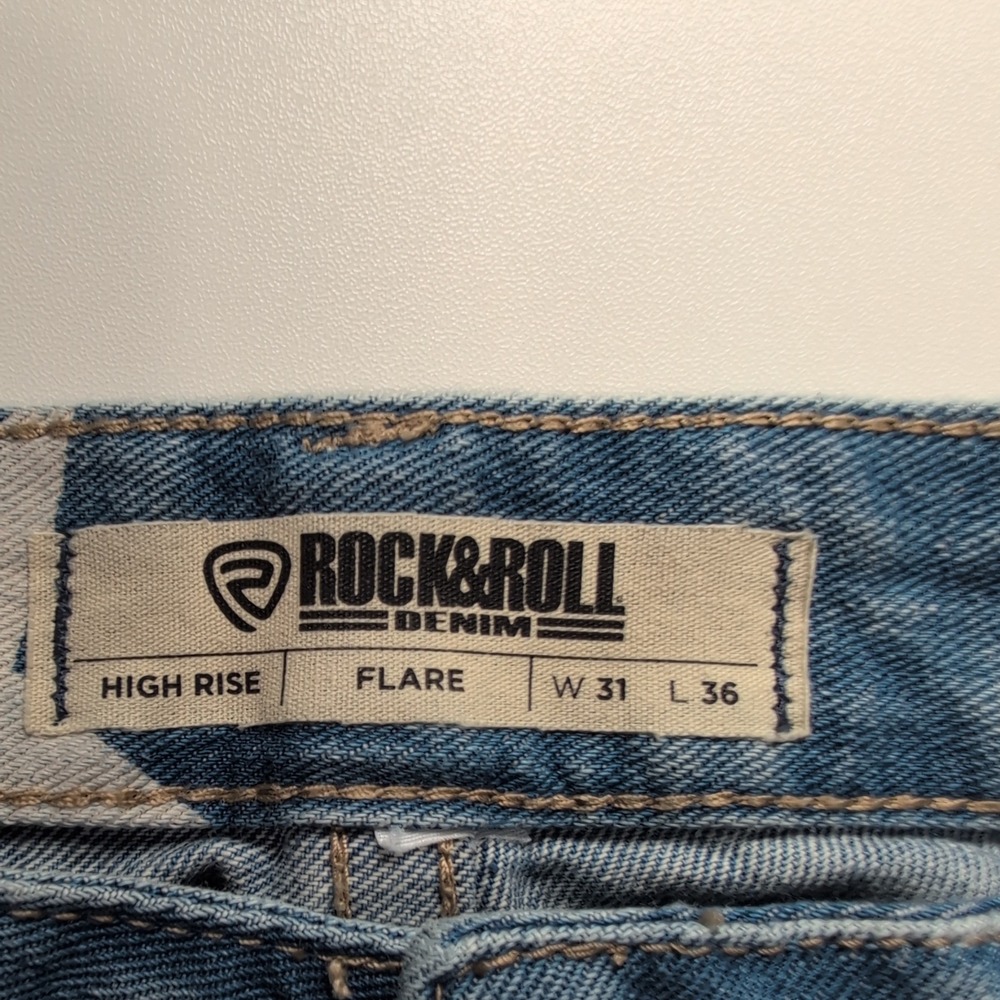 Rock and Roll Cowgirl Womens W31 L36 Star Print High Rise Flare Jeans Blue White - Picture 6 of 11